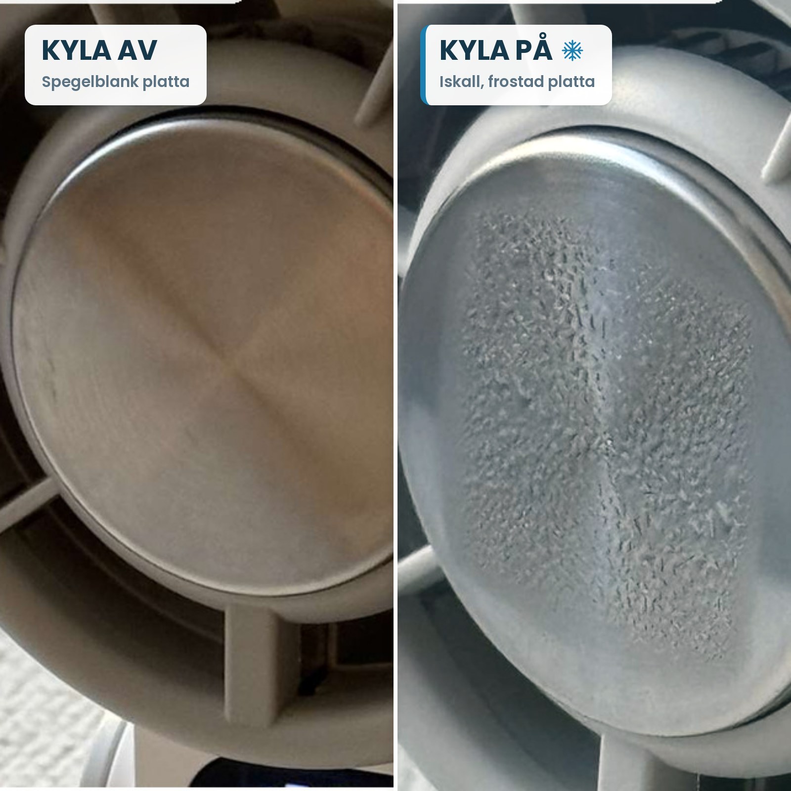 Jämförelse av Swave Arctic: spegelblank kylplatta när kylan är av, och frostad iskall kylplatta när kylan är på